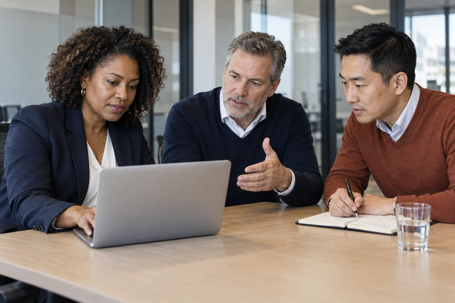 Three businesspeople working together at a laptop, discussing a decision and taking notes.